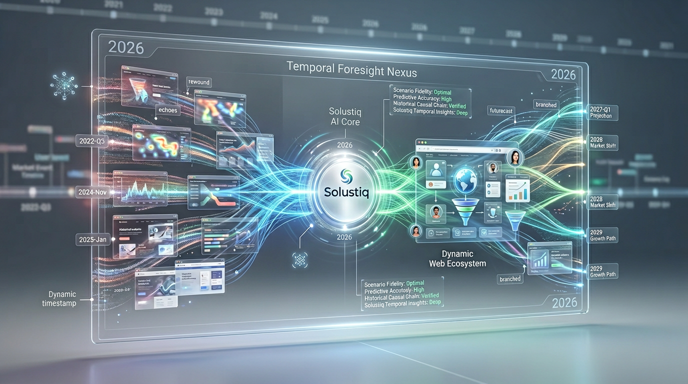 Solustiq'in 2026'da yapay zeka simülasyonları ile web sitelerinde dinamik senaryo keşfi ve geleceğe yön verme stratejileri.