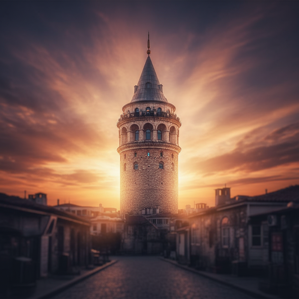 İstanbul'un tarihi Galata Kulesi, gün batımı kızıllığında mistik bir atmosferde yükseliyor. Efsanevi yapının detayları ve çevresindeki tarihi doku, "Galata Kulesi: Tarihin Sırları ve Efsaneleri" başlıklı blog yazısının ruhunu yansıtıyor.