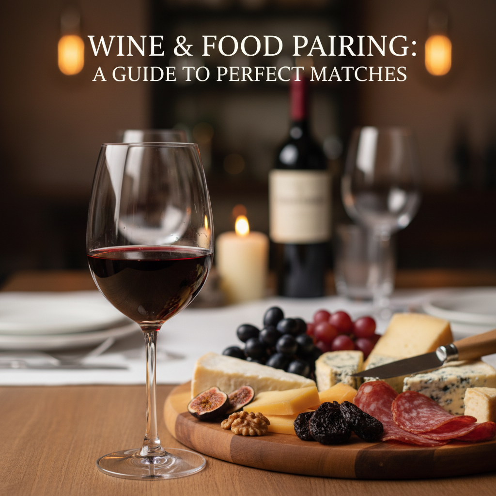 Elegant red wine glass and gourmet charcuterie board, illustrating expert wine food pairing for culinary harmony.