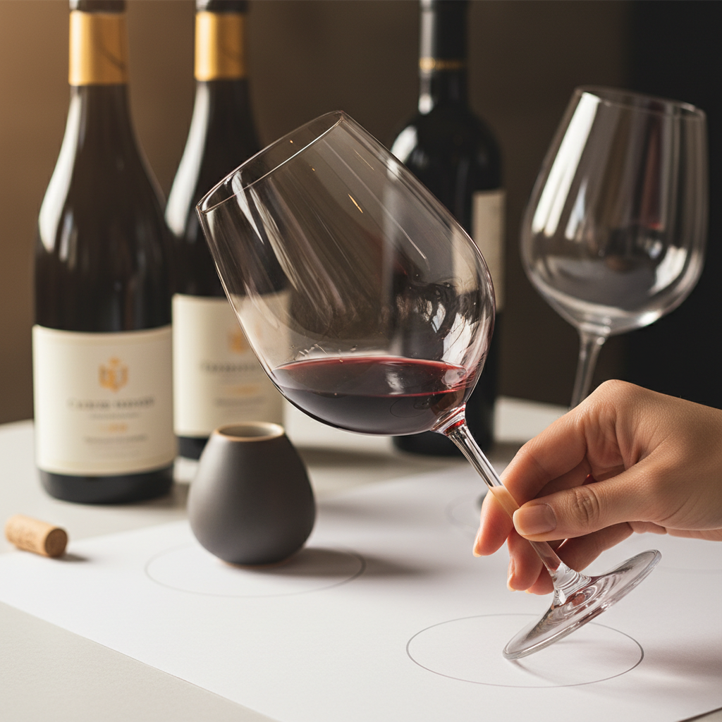 Professional wine tasting scene with clear crystal glass of red wine, tasting mat, and elegant bottles, symbolizing expert wine tasting techniques.
