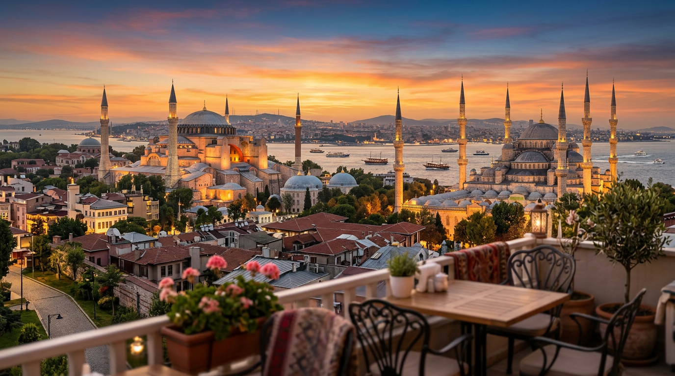 Vista panorâmica da península histórica de Istambul ao pôr do sol, com Hagia Sophia e Mesquita Azul, destacando lugares para visitar em Istambul perto de hotéis.