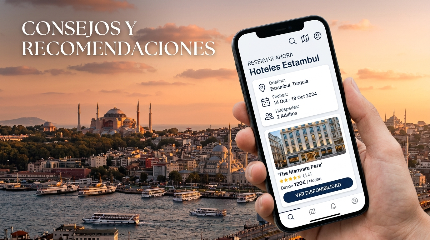 Dispositivo móvil mostrando interfaz para reservar hoteles en Estambul, sobre el skyline al atardecer con la Hagia Sophia y el Bósforo.