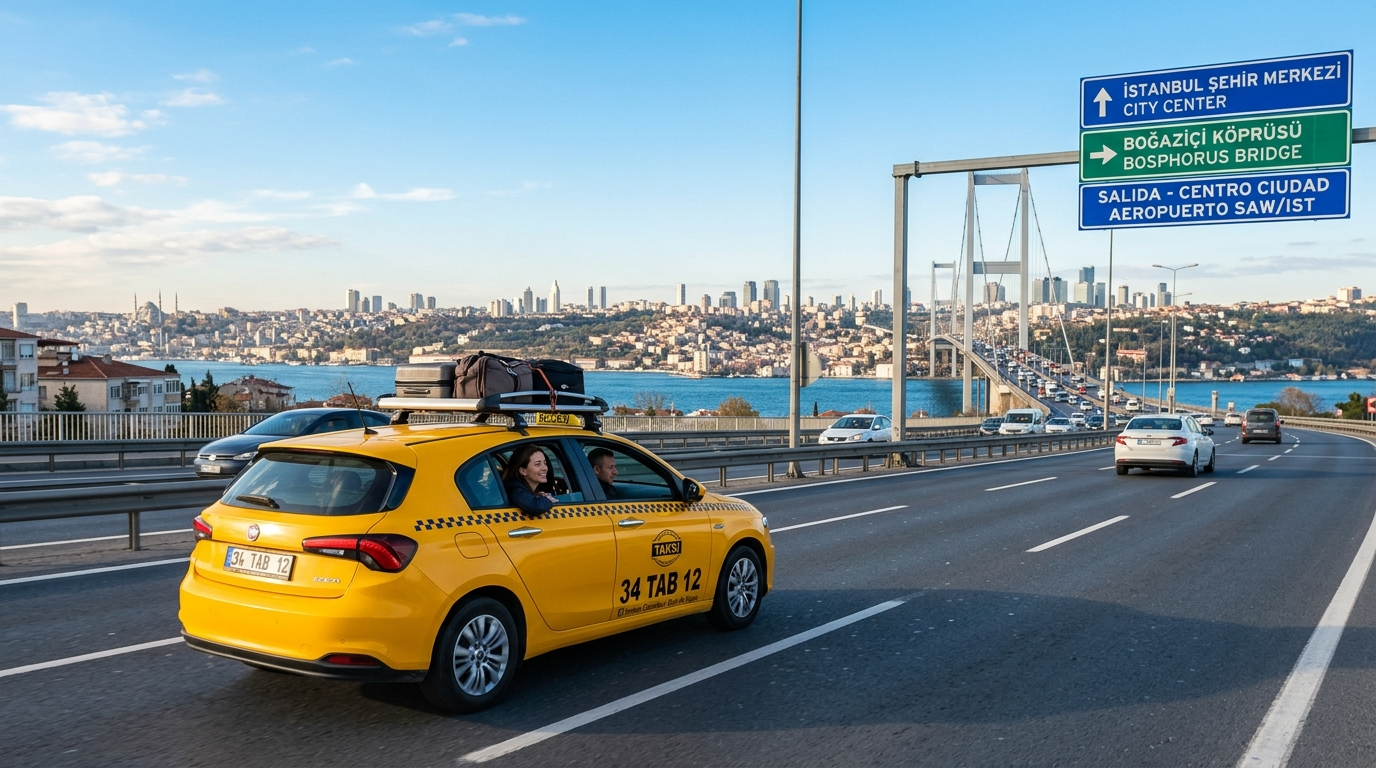 Taxi moderno transportando pasajeros desde el aeropuerto de Estambul al centro de la ciudad, con el puente del Bósforo al fondo, para guía de transporte.