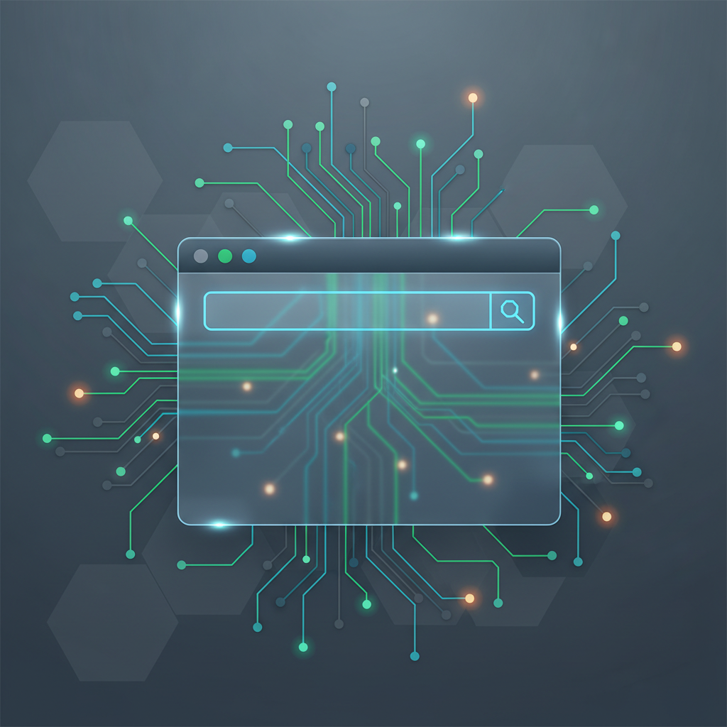 Sleek web mimarisi, SEO uyumlu web sitesi geliştirme adımları için veri akışı ve yapay zeka entegrasyonunu simgeleyen modern bir illüstrasyon.