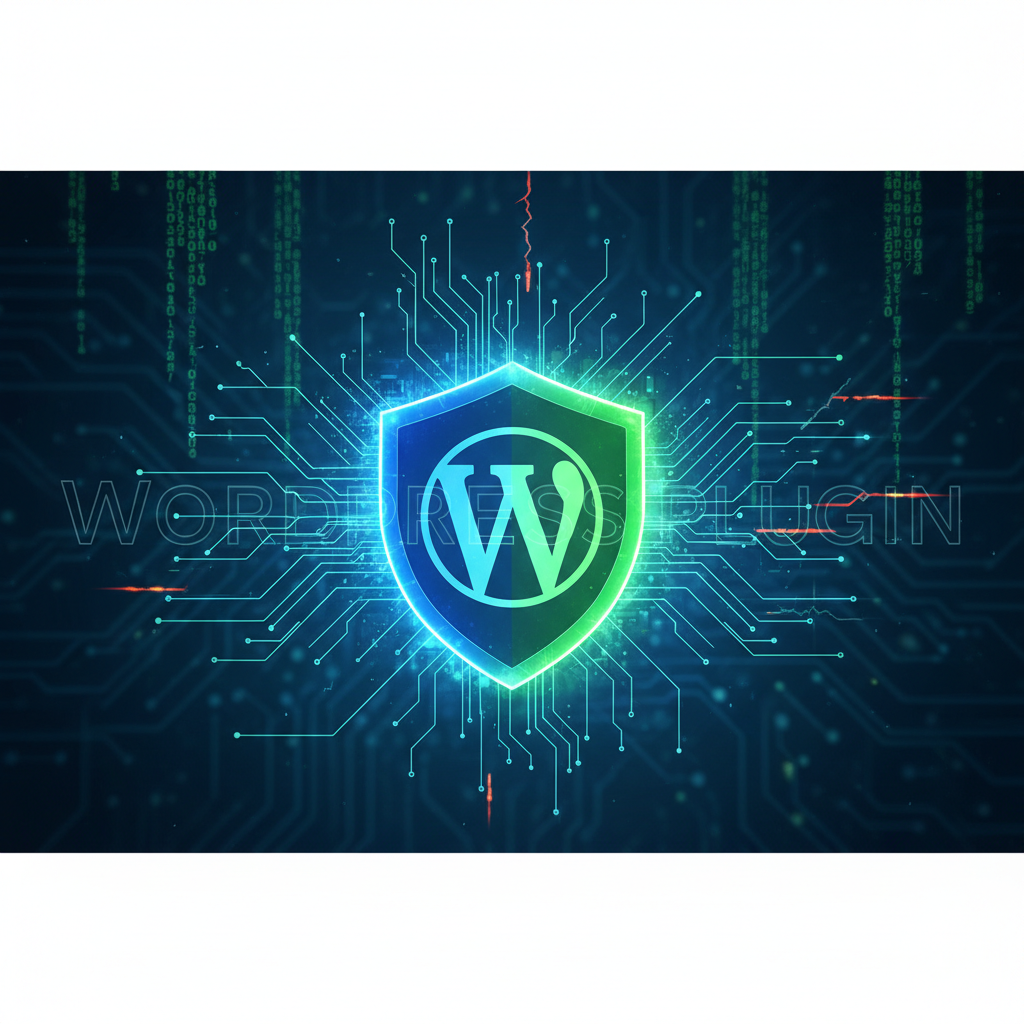Stylized shield with WordPress 'W' logo, digital aura, and interconnected lines, symbolizing WordPress plugin vulnerabilities and protection.
